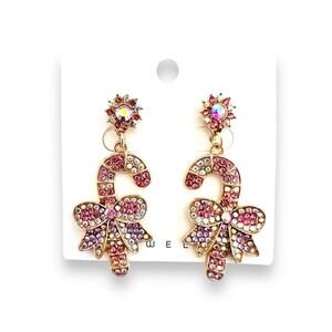 Candy Cane Gold Tone Aurora Borealis Rhinestone Dangle Fashion Earrings